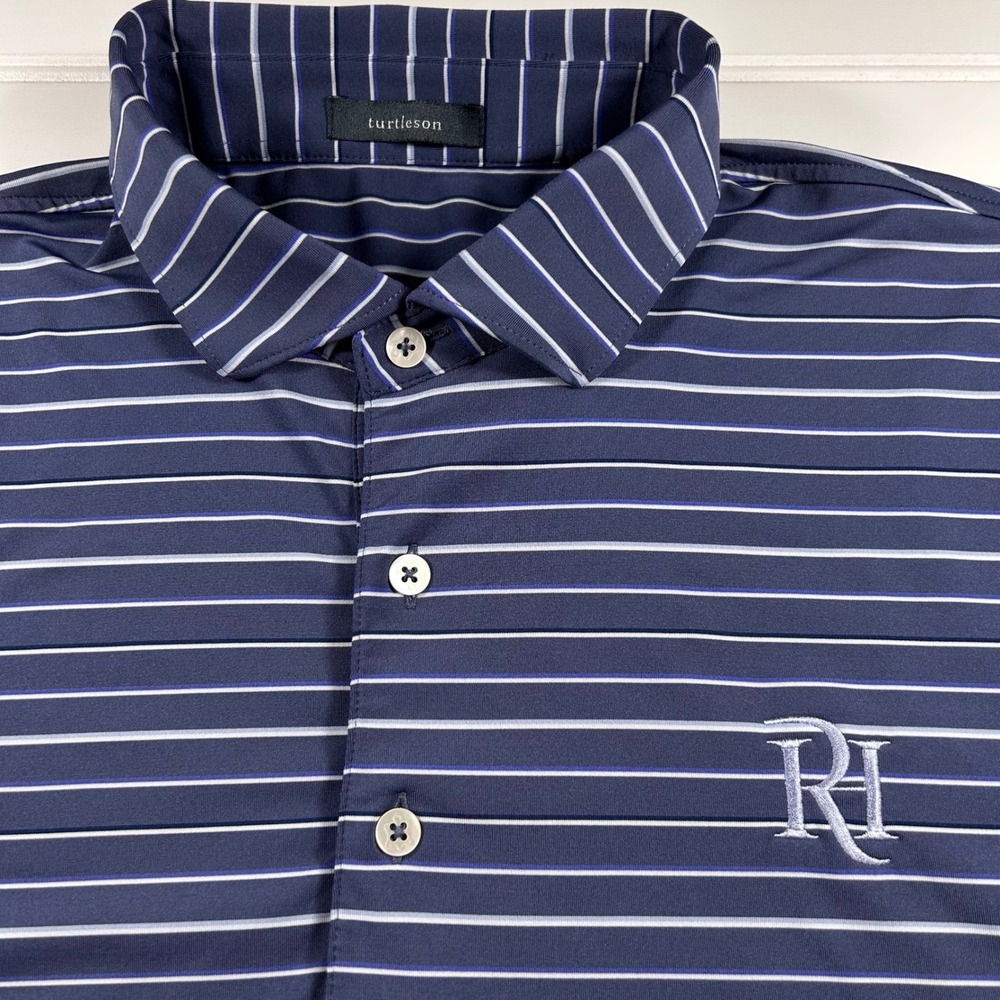 Turtleson Striped Performance Polo Mens L Navy White Blue River Island Golf Club
